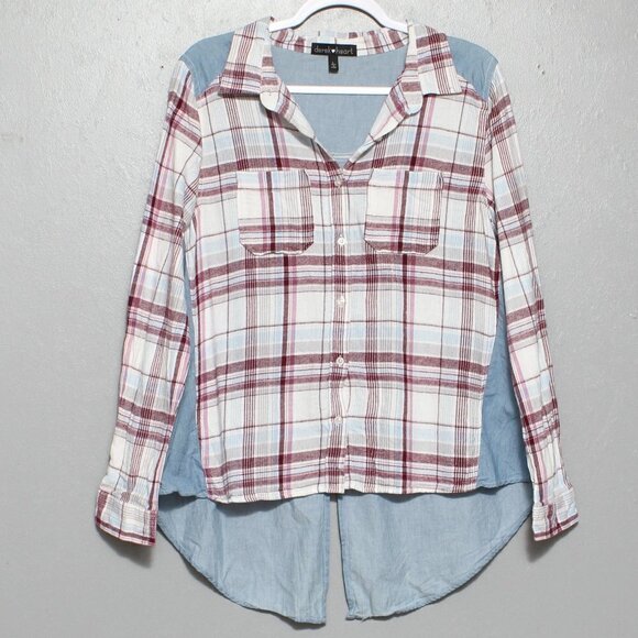 Derek Heart cotton red white plaid chambray denim back button up hi low shirt - Picture 1 of 5